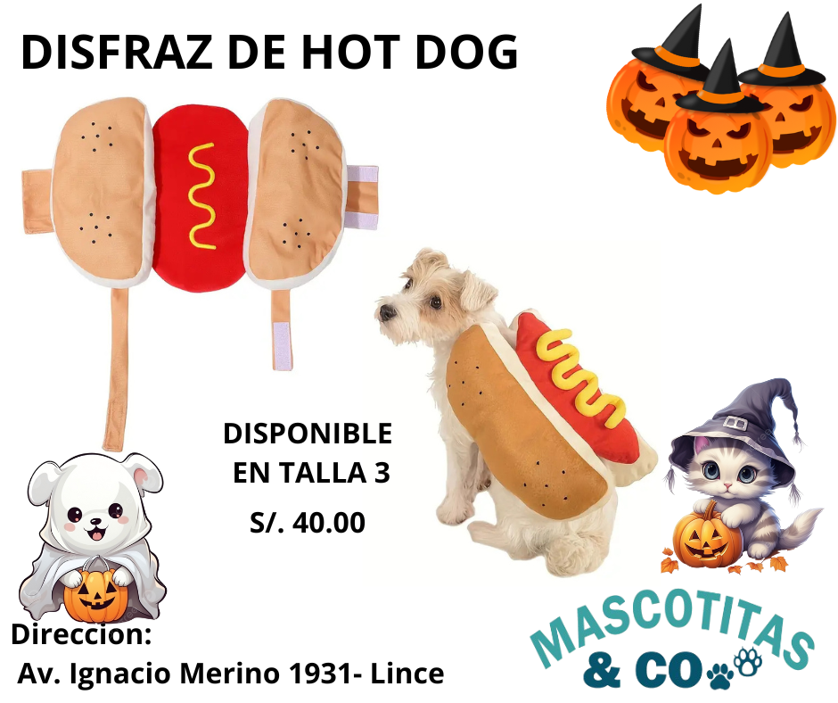 Disfraz de hot dog ( perro caliente) para mascotas
